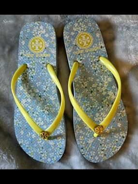 Tory Burch Yellow Strap Floral Flip Flops